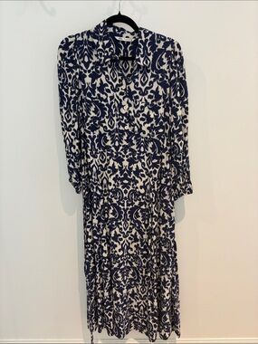 ZARA Kaftan Boho Midi Shirt Dress Women M Navy Blue White Printed Button Front